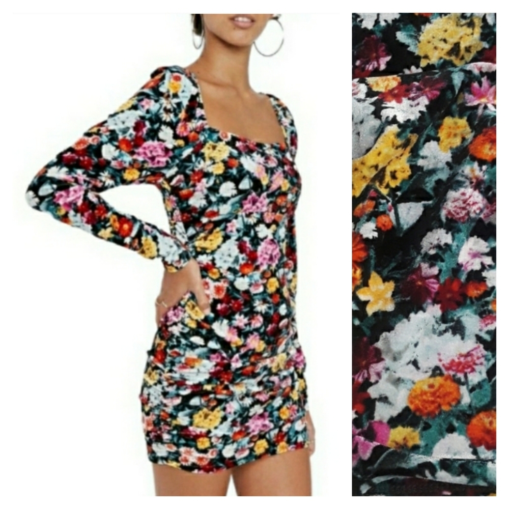 WILD FABLE Velvet Colorful Floral Print Ruching Black Dress XSmall NWT